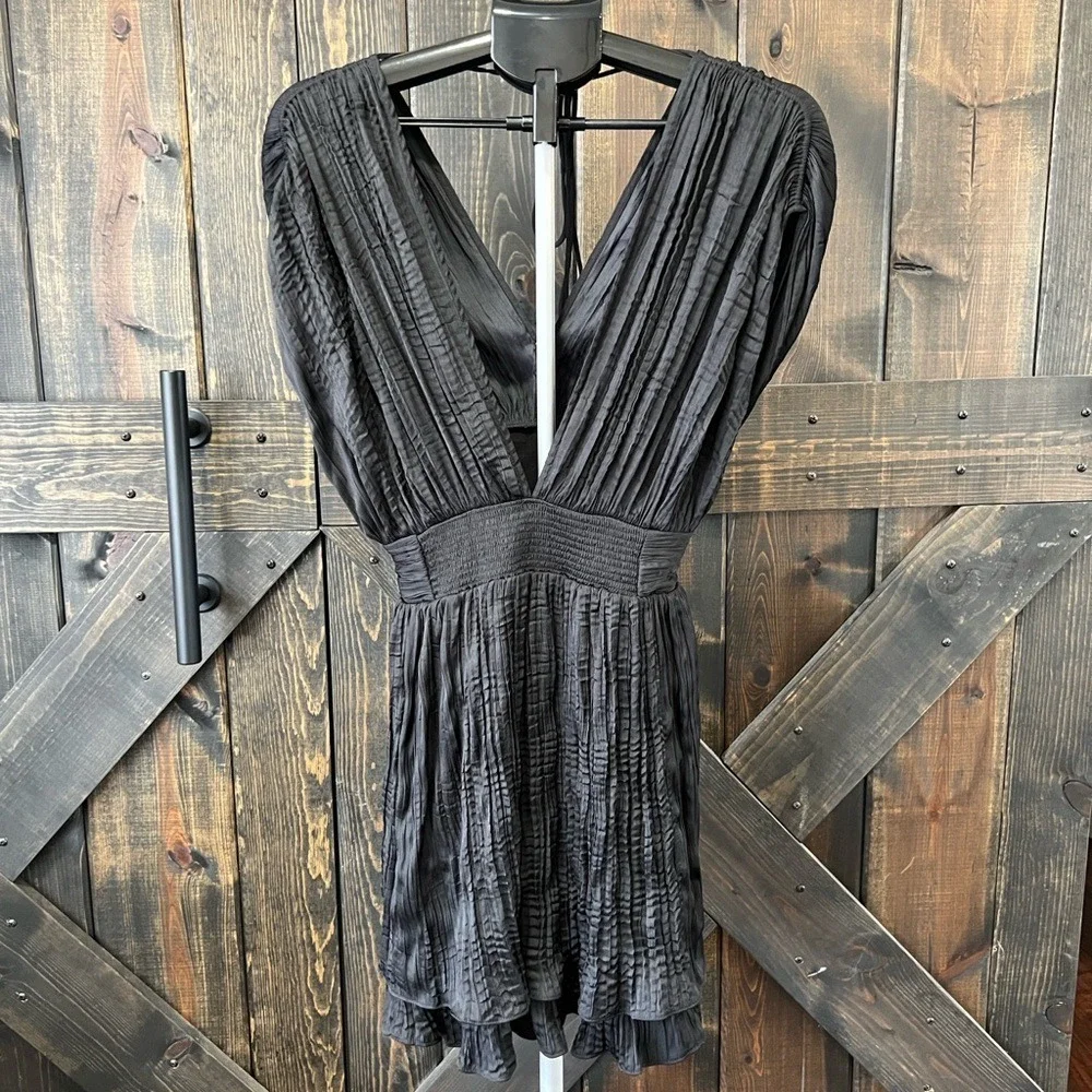 Free People Bonnie‎ Mini Dress Size XS Black Textured Flowy Boho Tie Back